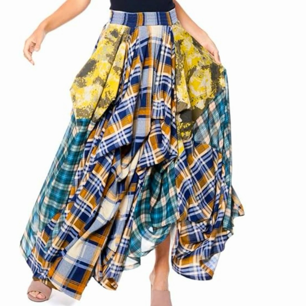 TOV HOLY DAMSEL MAXI SKIRT. Yellow/Blue plaid with floral print.